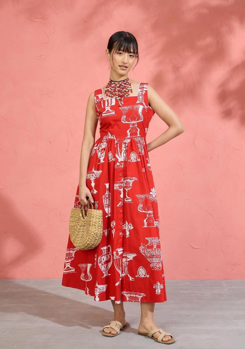 Red Printed Poplin Dress - Indya