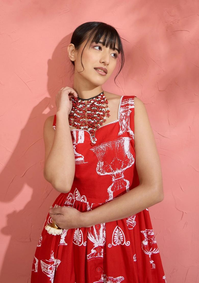 Red Printed Poplin Dress - Indya