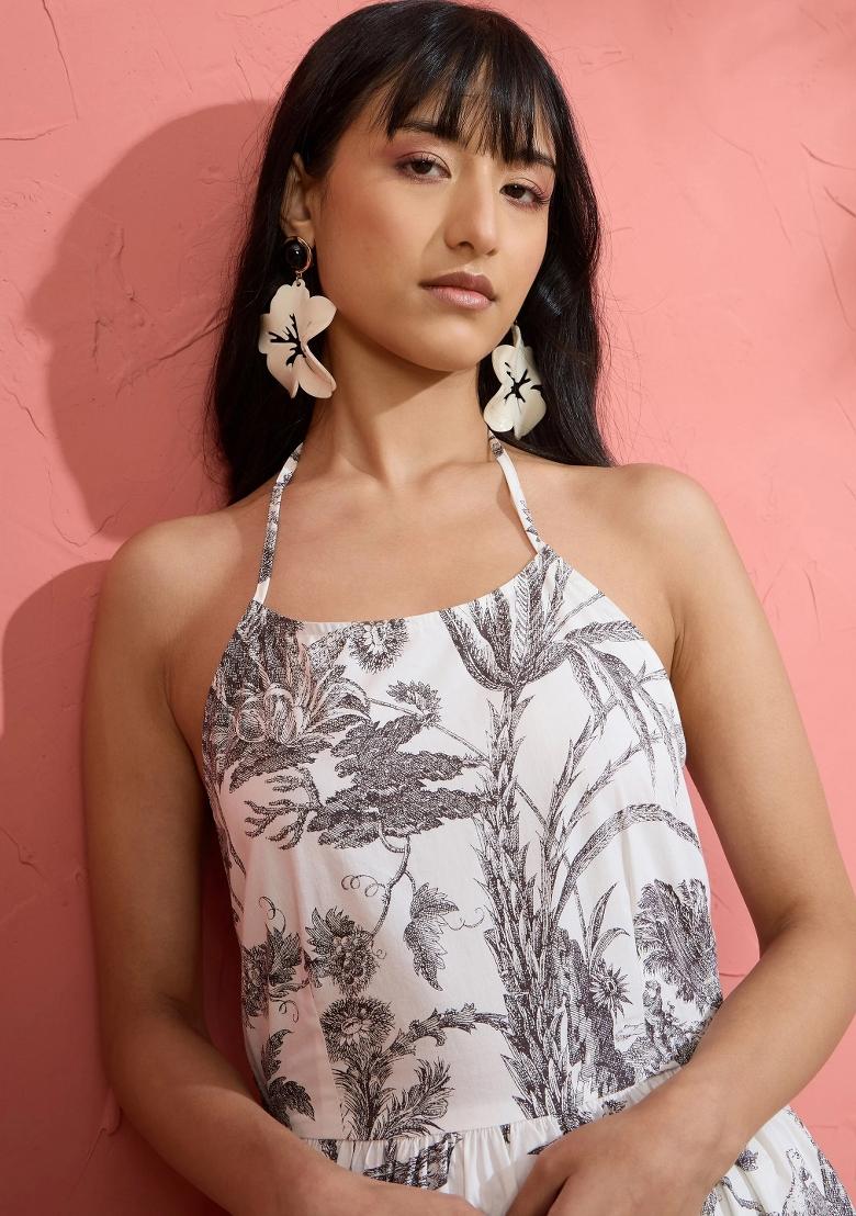 Black Printed Poplin Dress - Indya