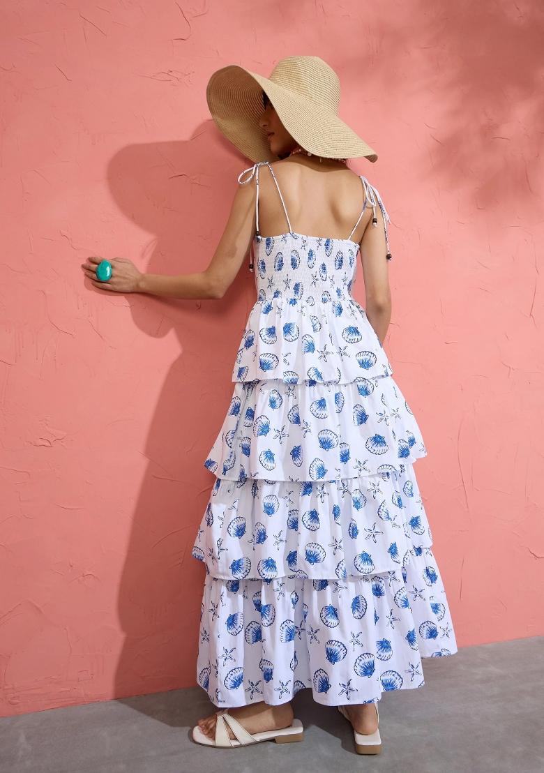 White Printed Poplin Dress - Indya