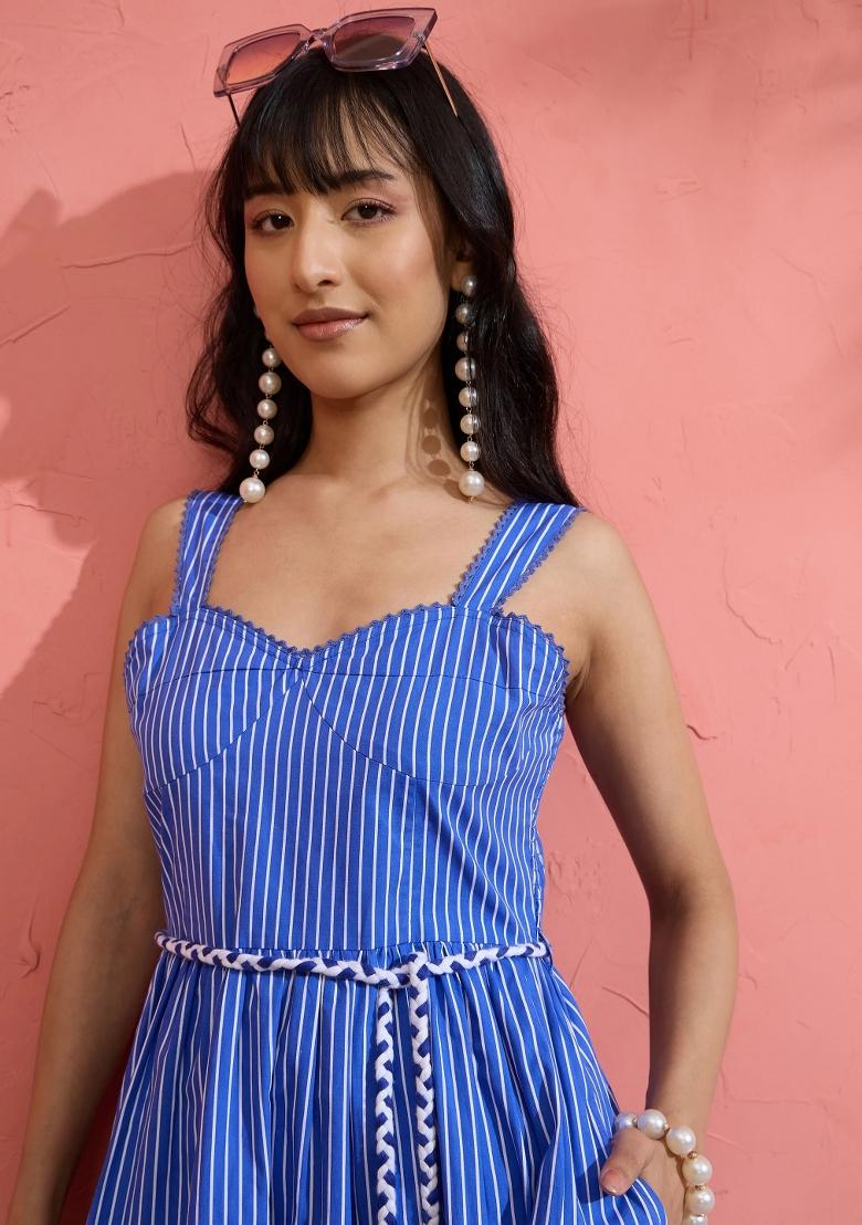 Blue Printed Poplin Dress - Indya