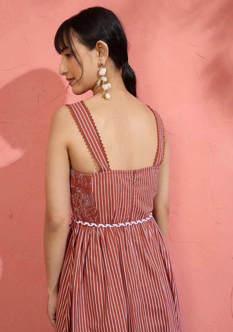 Brown Printed Poplin Dress - Indya