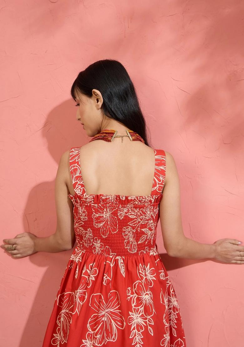 Red Printed Poplin Dress - Indya