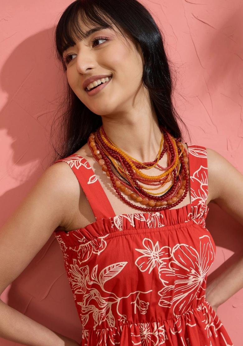 Red Printed Poplin Dress - Indya