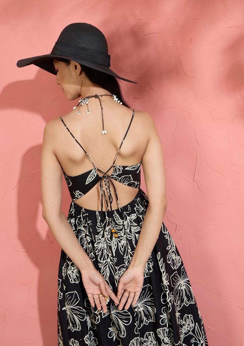 Black Printed Poplin Dress - Indya