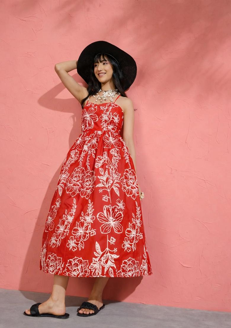Red Printed Poplin Dress - Indya