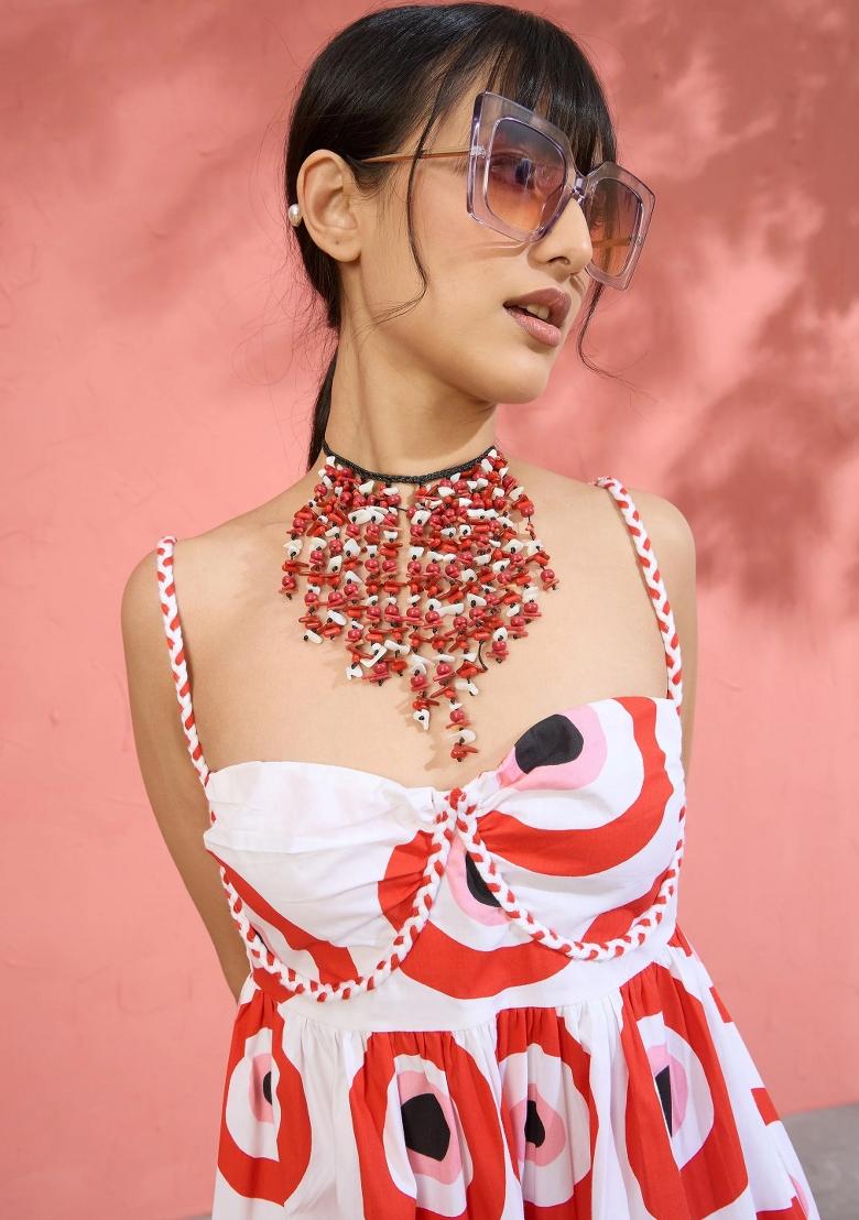 Red Printed Poplin Dress - Indya