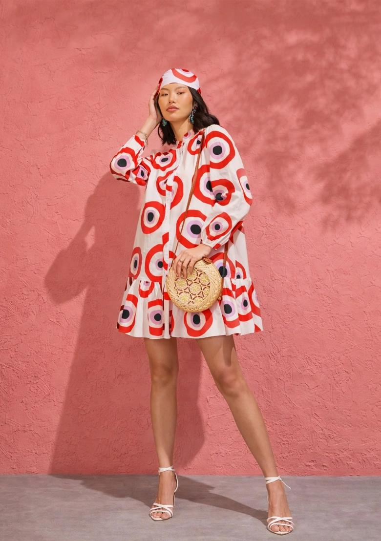 Red Printed Poplin Dress - Indya