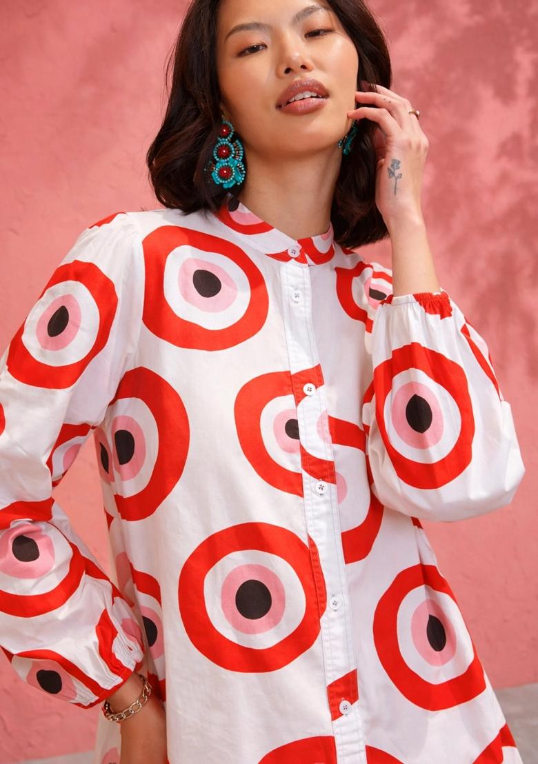 Red Printed Poplin Dress - Indya