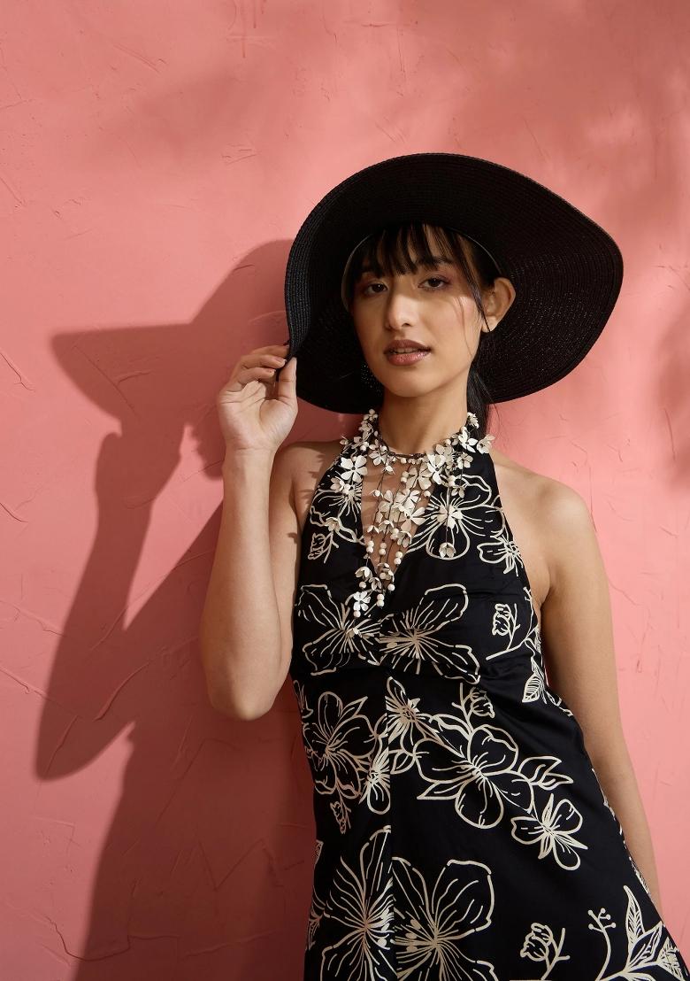 Black Printed Poplin Dress - Indya