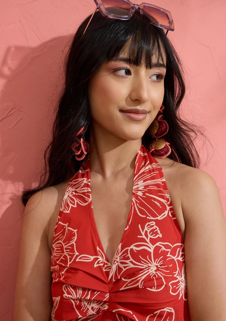 Red Printed Poplin Dress - Indya