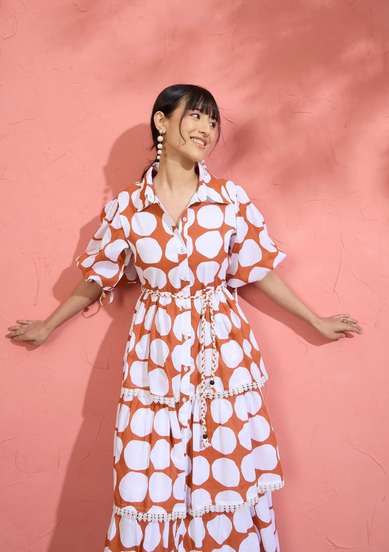 Brown Printed Cotton Dress - Indya