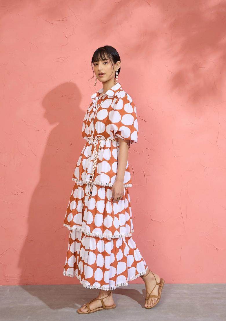 Brown Printed Cotton Dress - Indya
