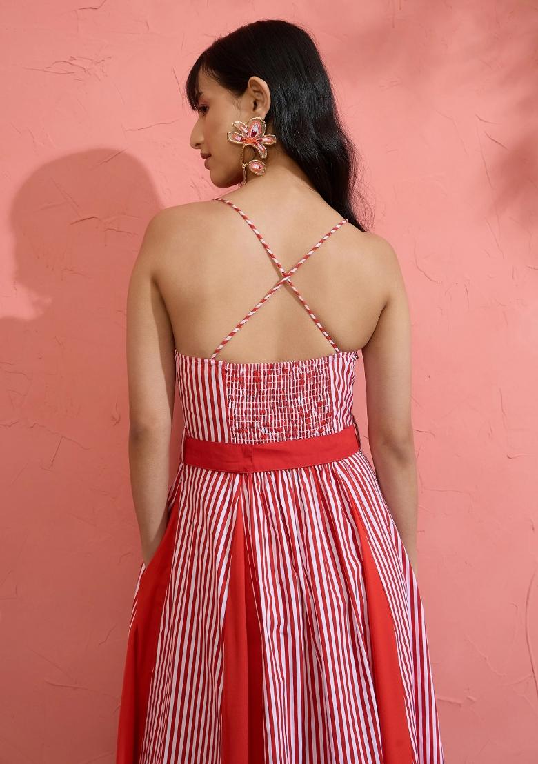 Red Printed Poplin Dress - Indya