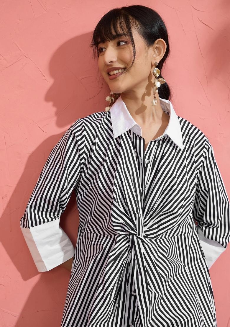 Black Printed Poplin Dress - Indya