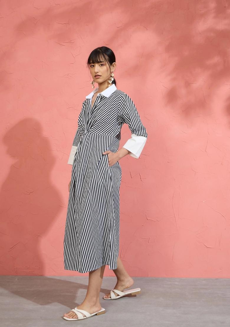 Black Printed Poplin Dress - Indya
