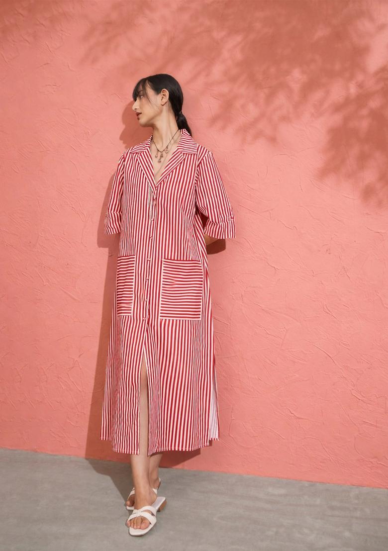 Red Printed Poplin Dress - Indya