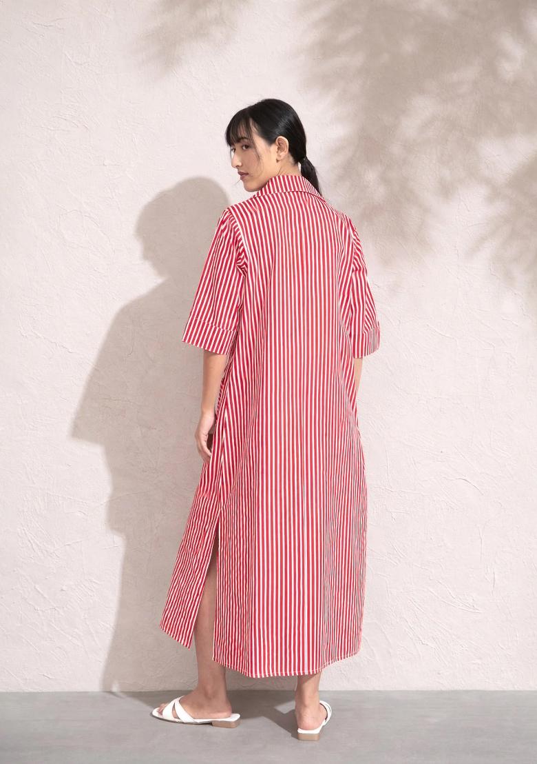 Red Printed Poplin Dress - Indya