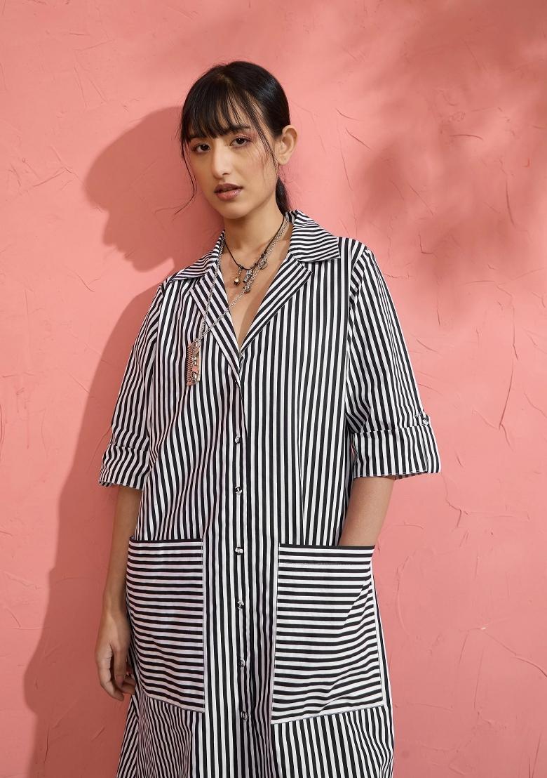Black Printed Poplin Dress - Indya