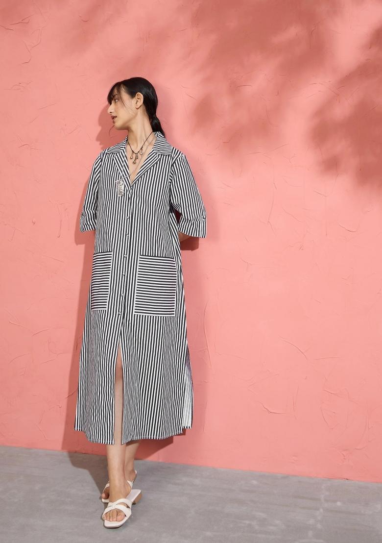 Black Printed Poplin Dress - Indya