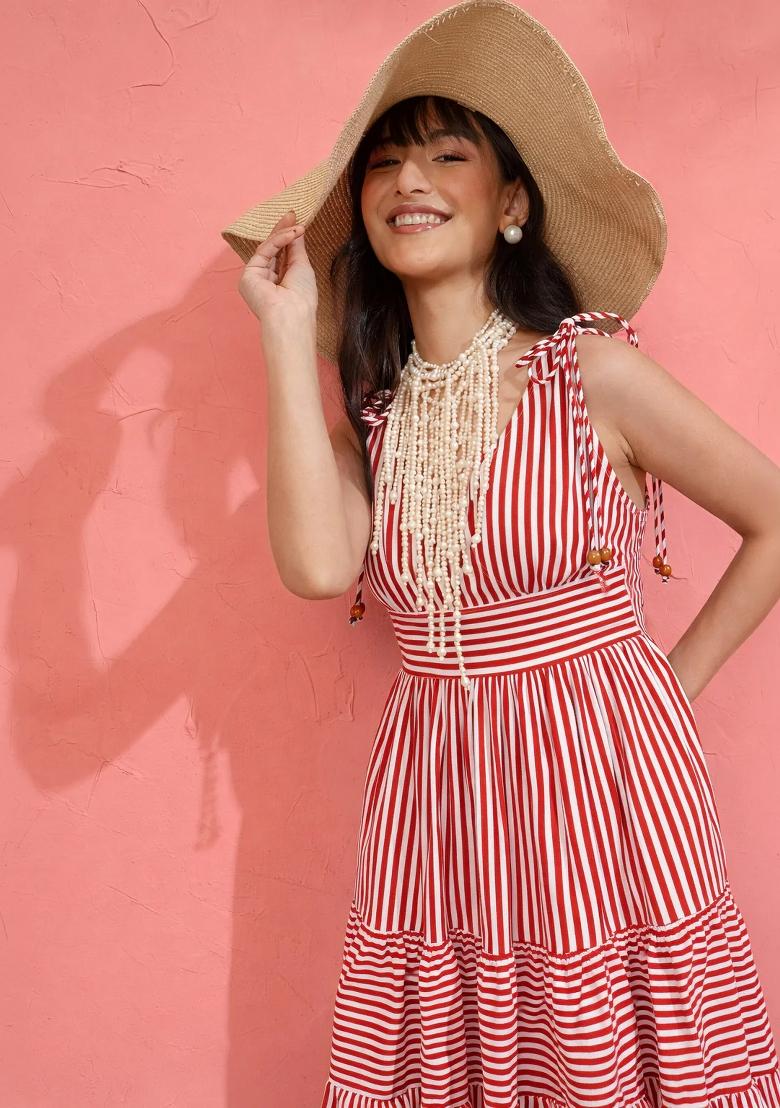 Red Printed Poplin Dress - Indya