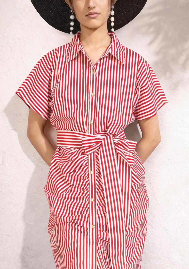 Red Printed Poplin Dress - Indya