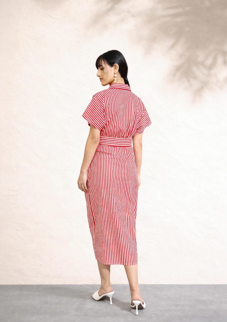 Red Printed Poplin Dress - Indya