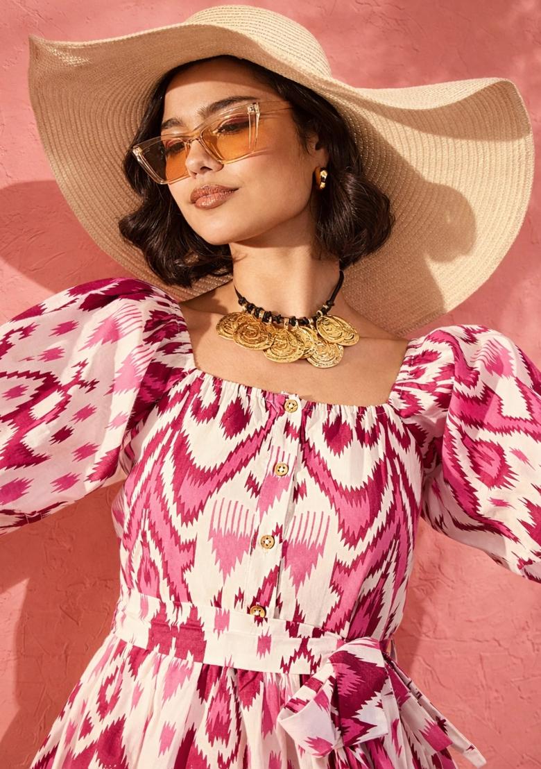 Pink Printed Cotton Dress - Indya