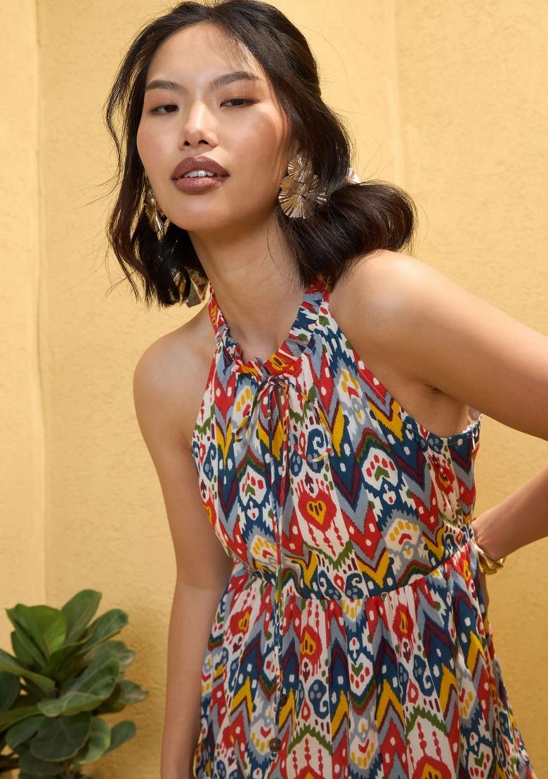 White Printed Cotton Dress - Indya