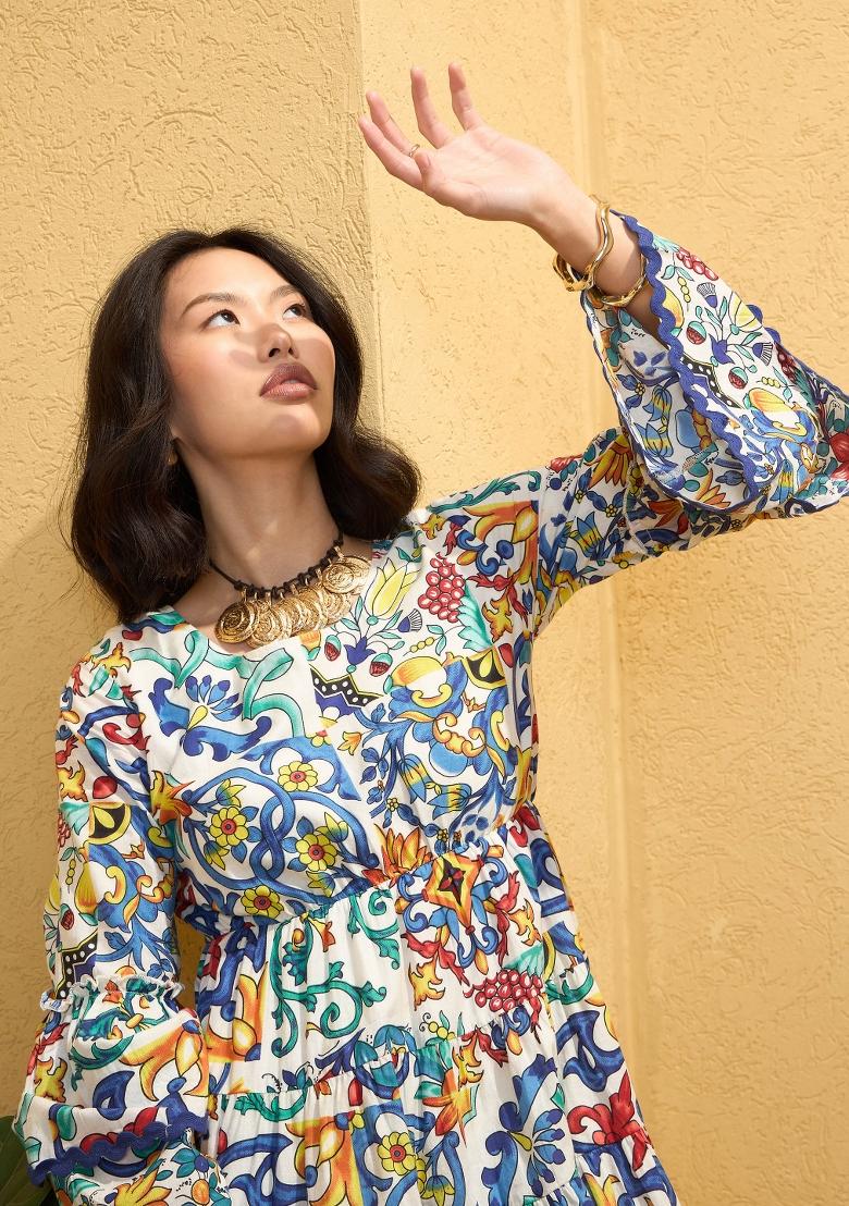 White Printed Cotton Dress - Indya
