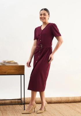 Maroon Solid Polyester Dress