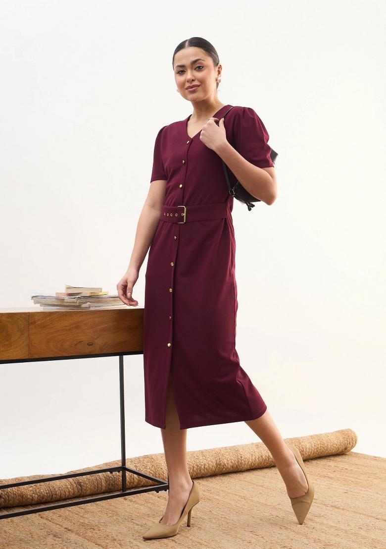 Maroon Solid Polyester Dress - Indya