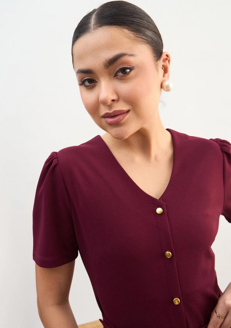 Maroon Solid Polyester Dress - Indya