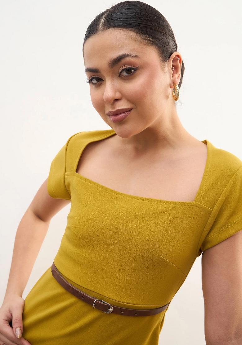 Lemon Solid Polyester Dress - Indya