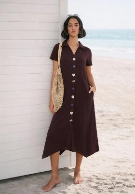 Brown Solid Cotton Dress