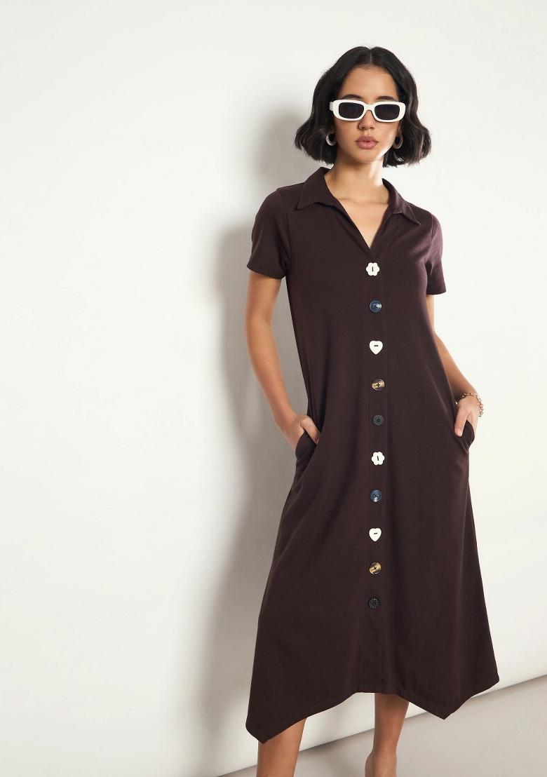 Brown Solid Cotton Dress - Indya