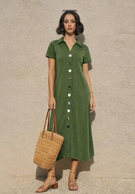Olive Solid Cotton Dress