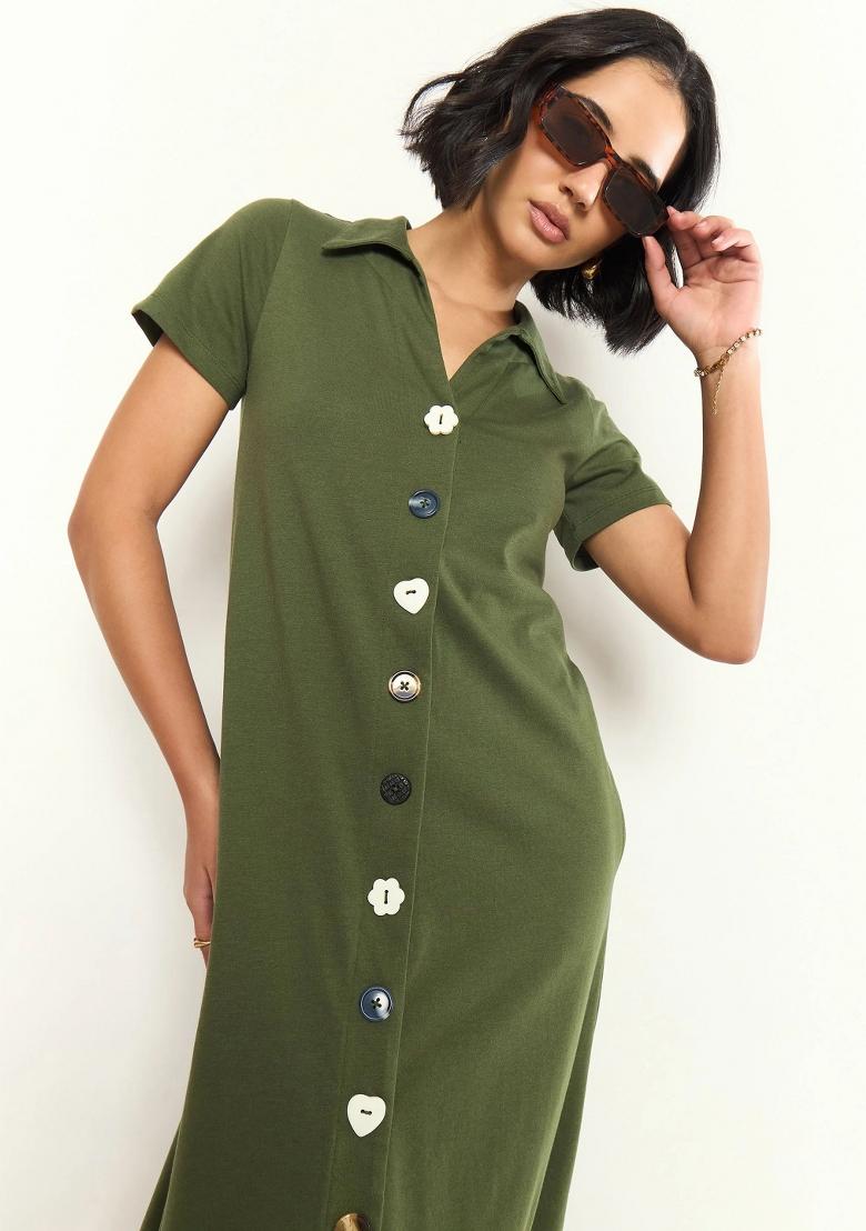 Olive Solid Cotton Dress - Indya