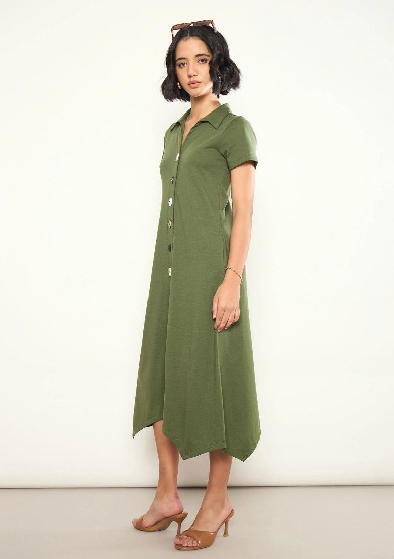 Olive Solid Cotton Dress - Indya