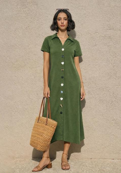 Olive Solid Cotton Dress