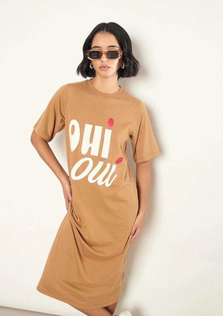 Tan Printed Cotton Dress - Indya