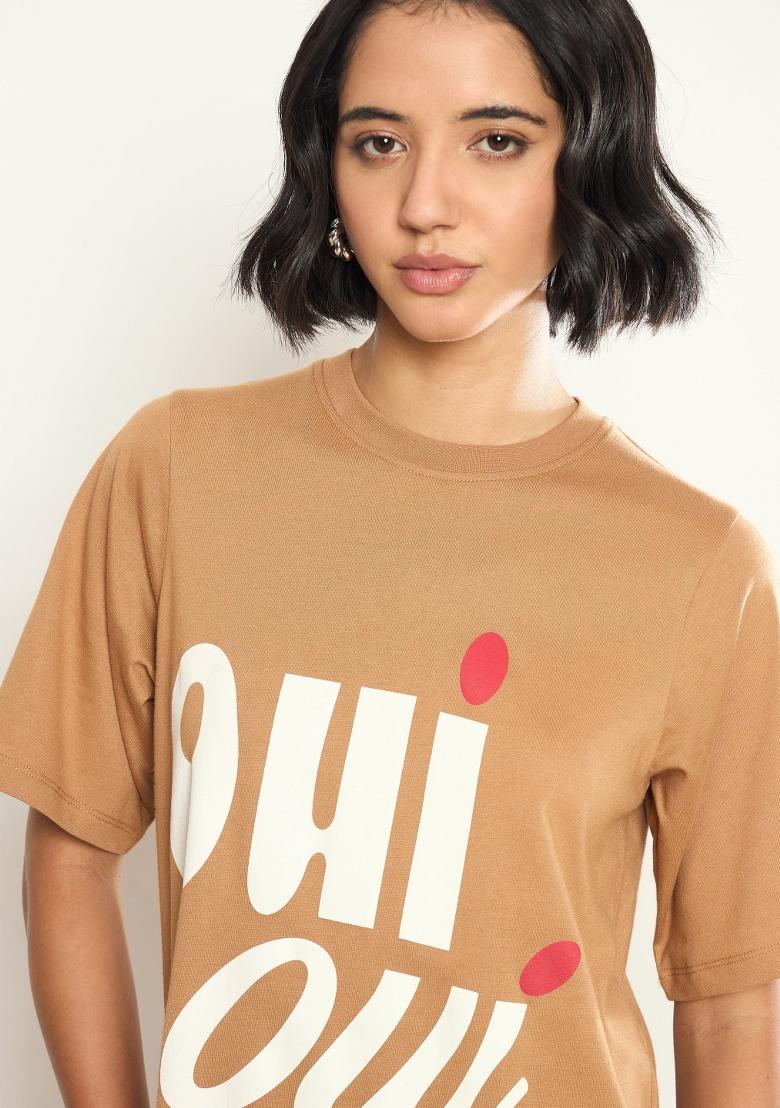 Tan Printed Cotton Dress - Indya