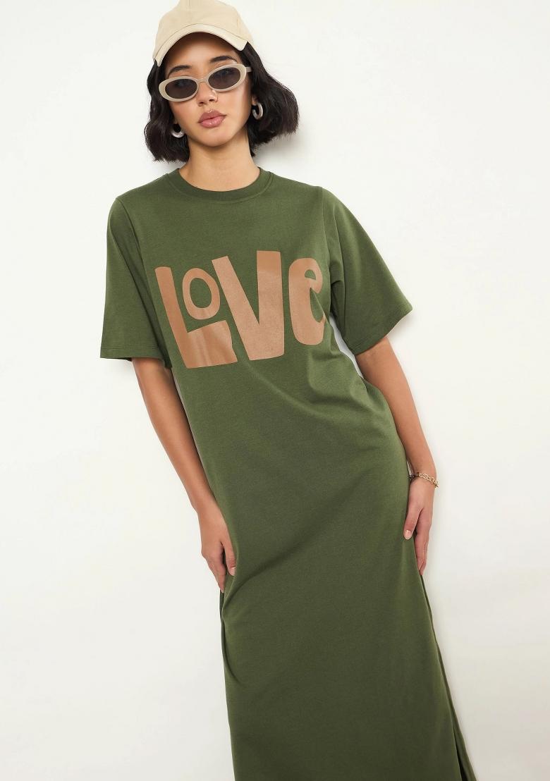 Olive Printed Cotton Dress - Indya