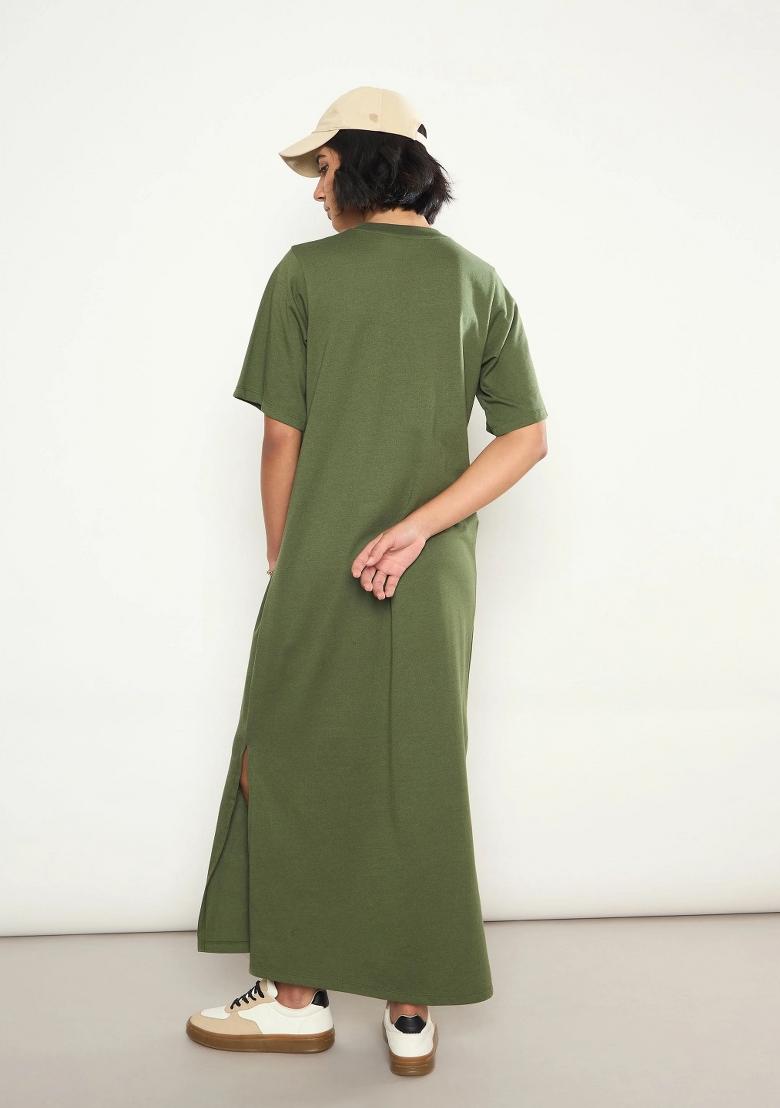 Olive Printed Cotton Dress - Indya