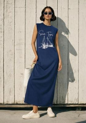 Navy Blue Printed Cotton Dress