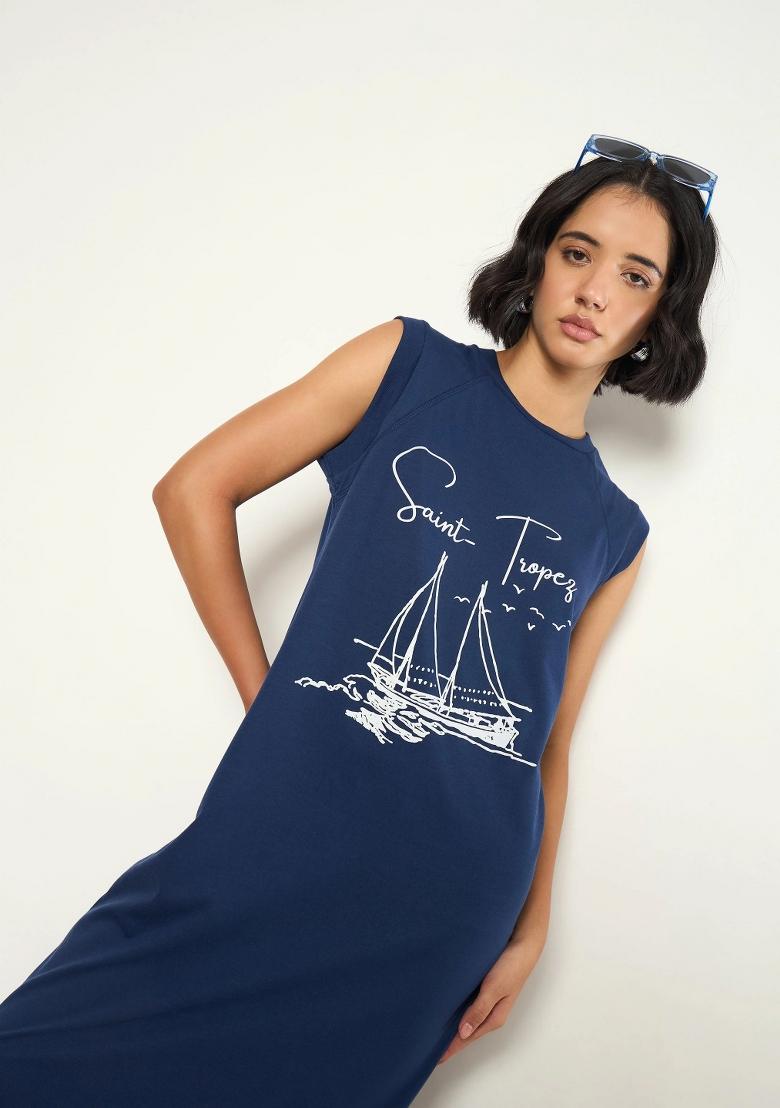 Navy Blue Printed Cotton Dress - Indya