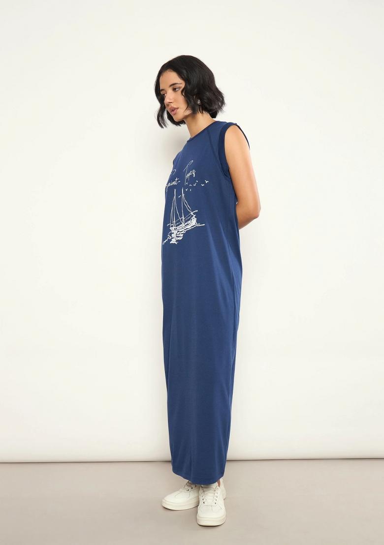 Navy Blue Printed Cotton Dress - Indya