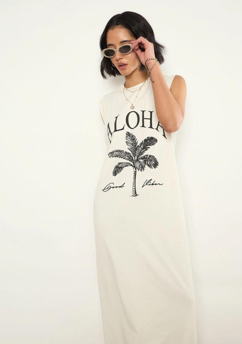 Off White Printed Cotton Dress - Indya
