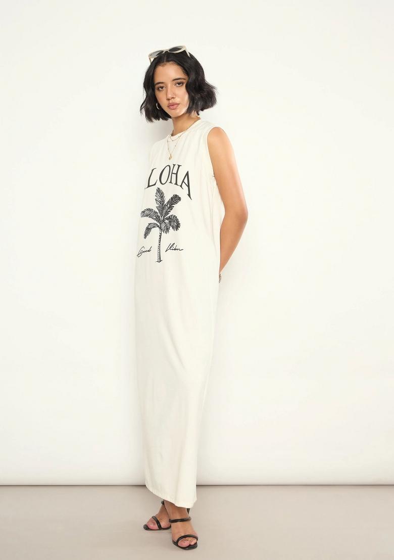 Off White Printed Cotton Dress - Indya