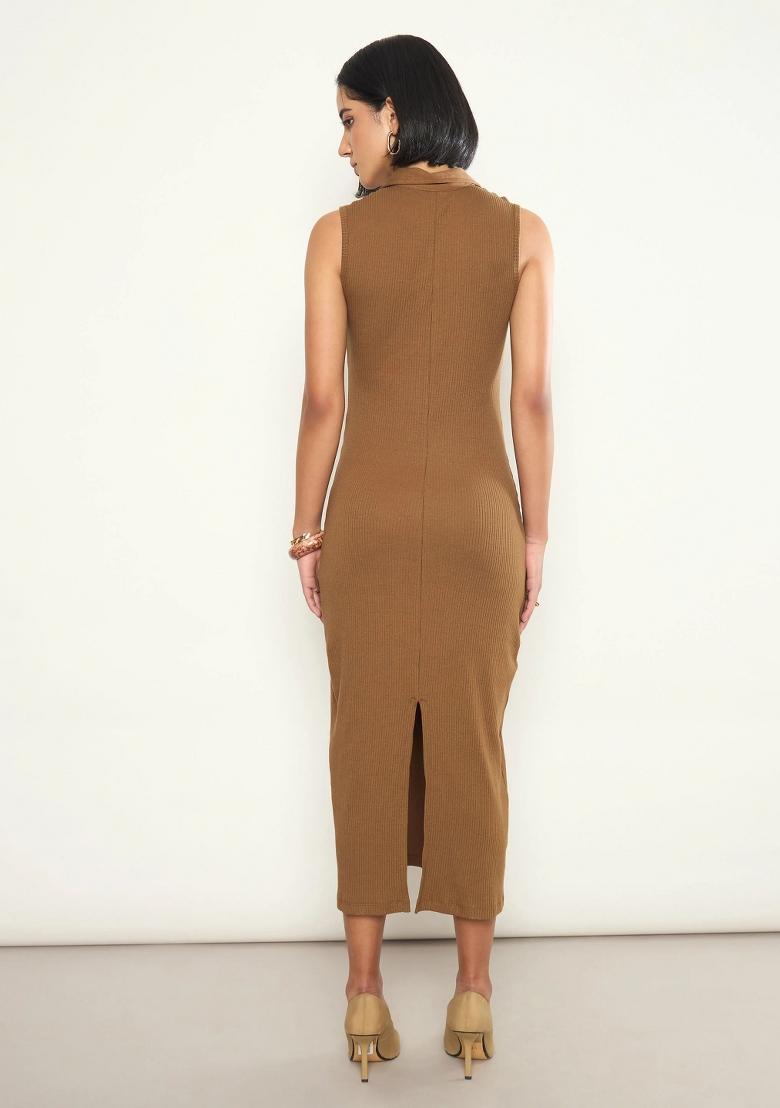 Tan Solid Cotton Dress - Indya